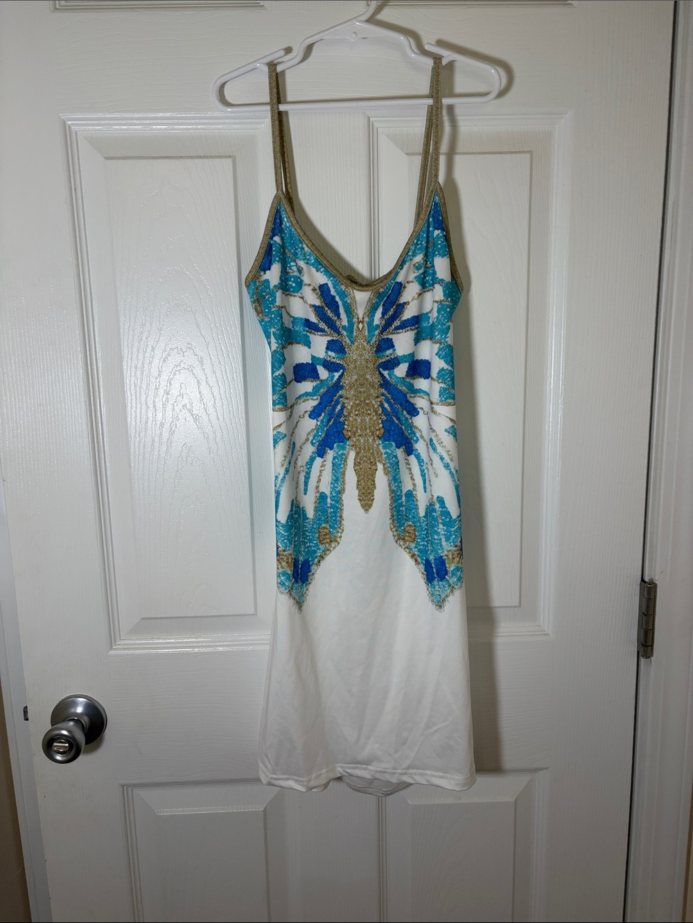 White Dress with Blue & Gold Butterfly Embellished Design Bodice size Small